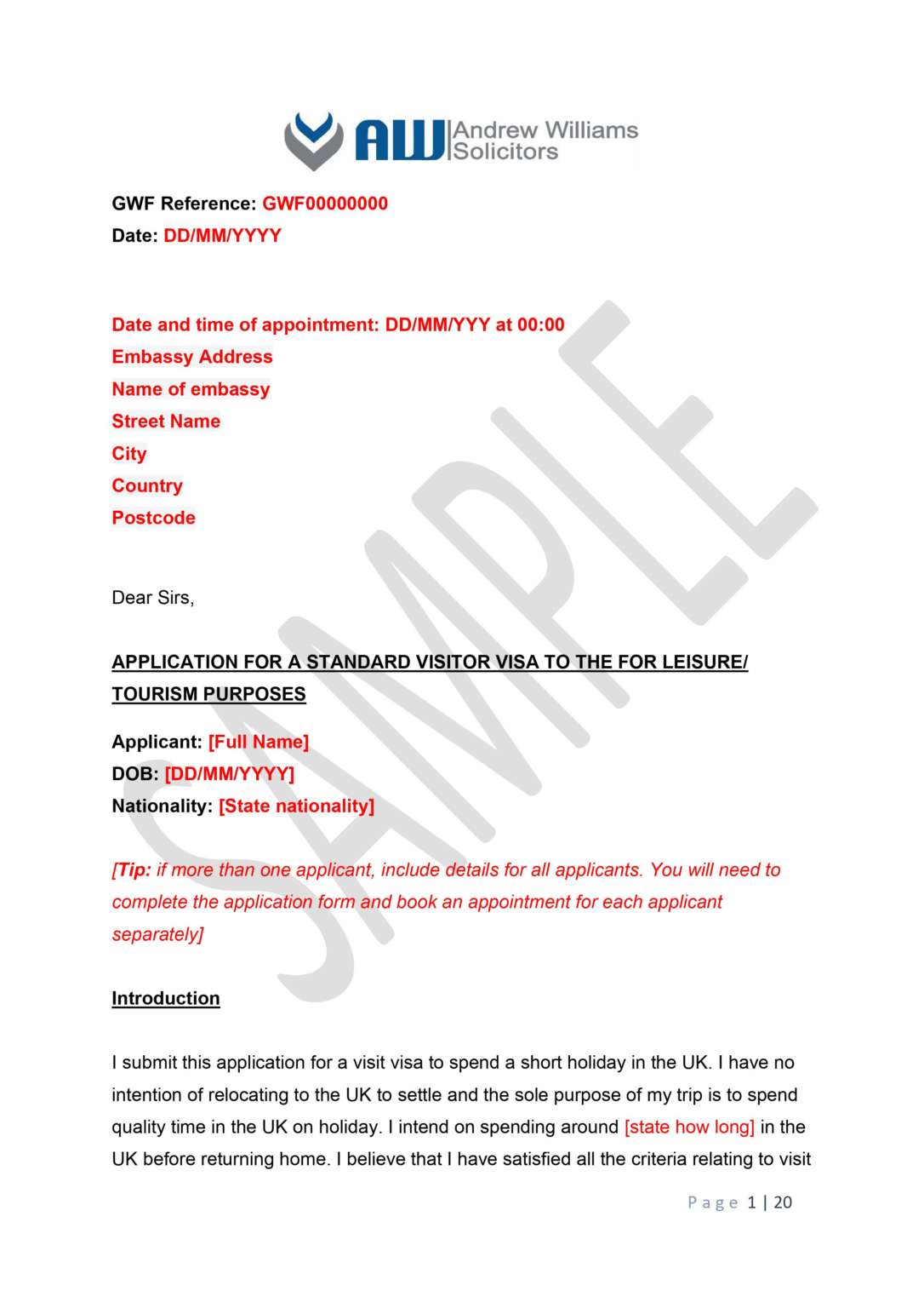 Uk Tourist And Visit Visa Cover Letter Example Immigration Solicitors 1798
