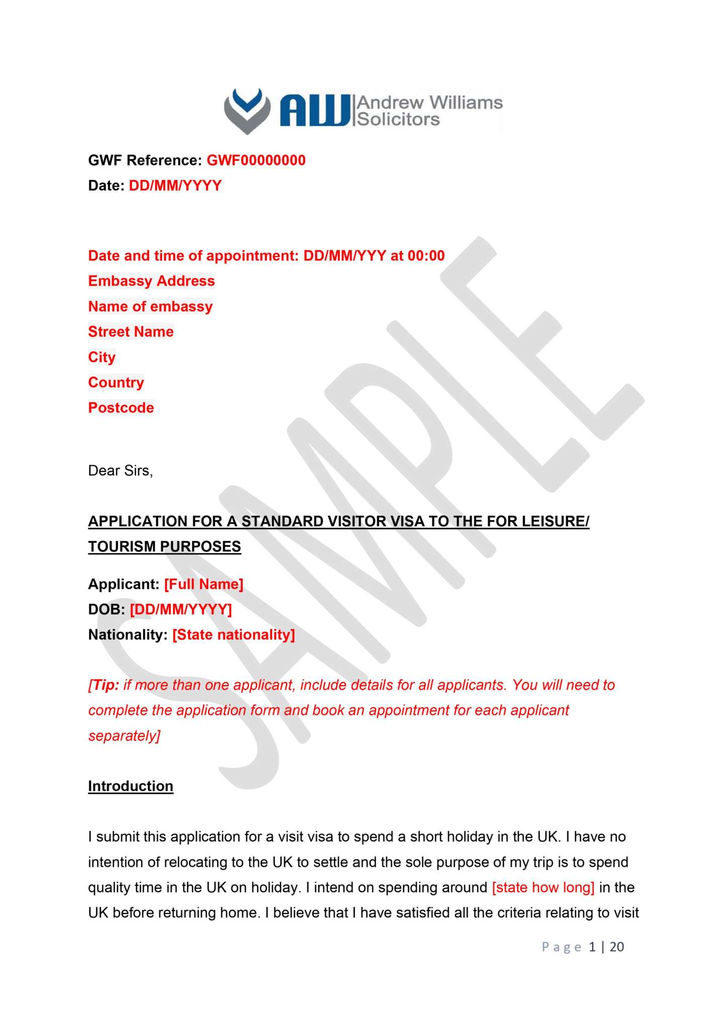 UK Tourist And Visit Visa Cover Letter Example Immigration Solicitors